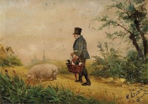 A Gentleman With His Ducklings And Piglet