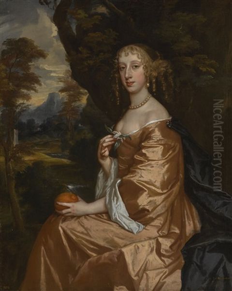 Lady Penelope Nicholas (1640-1703), Seated Three-quarter Length, Wearing A Gold Dress And Holding An Orange - view 1