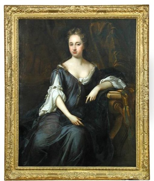 Portrait Of A Lady In A Blue And Cream Dress - view 1