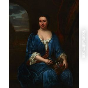 A Lady, Three-quarter Length, In A Blue Dress, Holding A Basket Of Fruit, An Estate Garden Beyond by Sir Peter Lely