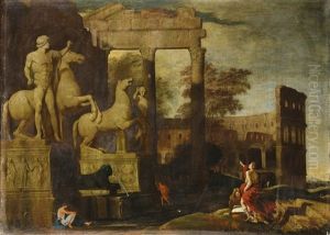 Landscape With The Dioscuri And Antic Ruins Animated With Figures by Jean (Lemaire-Poussin) Lemaire