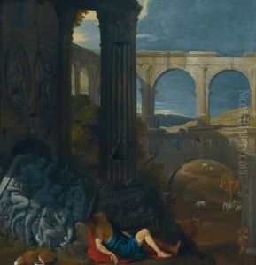 An Architectural Capriccio With Ancient Ruins, A Triumphal Arch And An Haut-relief Sculpture, With The Story Of Mercury And Argus by Jean (Lemaire-Poussin) Lemaire