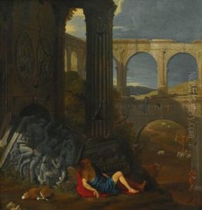 An Architectural Capriccio With Ancient Ruins, A Triumphal Arch And A Haut-relief Sculpture, With The Story Of Mercury And Argus by Jean (Lemaire-Poussin) Lemaire