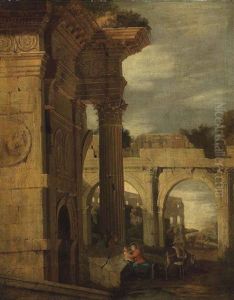 An Architectural Capriccio Of Roman Ruins, With The Rest On The Flight To Egypt by Jean (Lemaire-Poussin) Lemaire