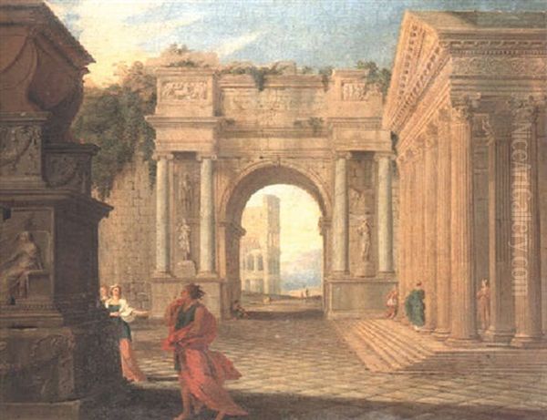 A Capriccio Of Figures In A Courtyard Surrounded By Classical Buildings - view 1