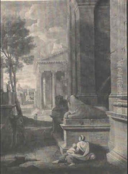 Femme Et Enfant Assis Pres D'une Fontaine - view 1