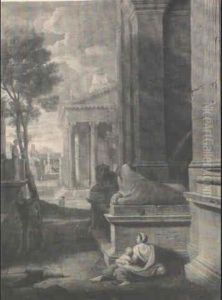 Femme Et Enfant Assis Pres D'une Fontaine by Jean (Lemaire-Poussin) Lemaire