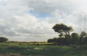 Seated Figure And Cattle Grazing In An Extensive Landscape by Louis Marie Lemaire