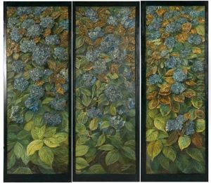 Paravent A Trois Feuilles Orne D'hortensias Bleu (in 3 Parts) by Madeleine Jeanne Lemaire
