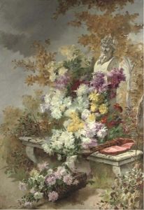 Dahlias With A Bust Of Pan In A Garden