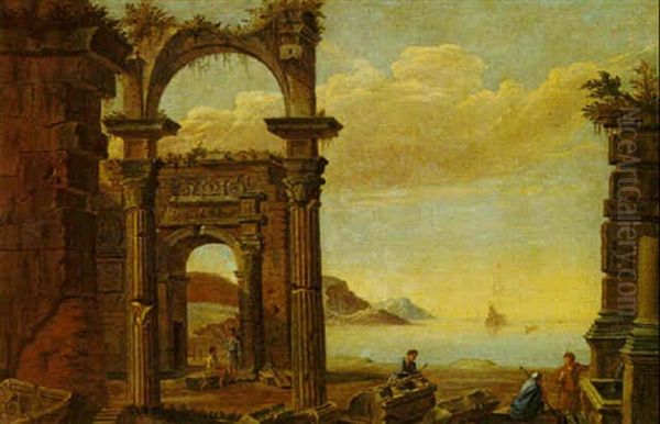 Mediterranean Seascape With Figures Near Ruins - view 1