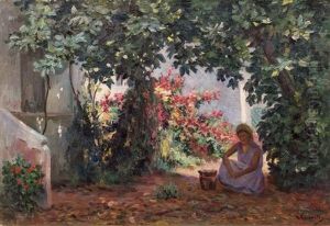 Preparation Du Repas Dans Le Jardin by Gustave Lemaitre