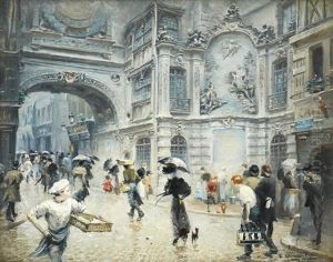 Street Scene At Rue Du Gros-horloge by Leon Jules Lemaitre