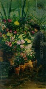 Dame Mit Hund Im Gewachshaus by Leon Jules Lemaitre