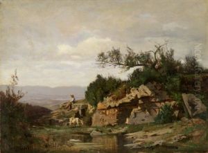 Ziegenhirte Am Teich Vor Weiter Landschaft by Nathanael Lemaitre