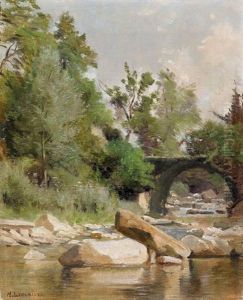 Sonnige Flusspartie Mit Felsen Und Brucke by Nathanael Lemaitre