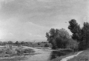 Sommerliche Fluslandschaft Mit Fernen Gebauden Sommerliche Fluslandschaft Mit Fernen Gebauden