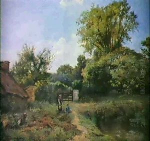 Sommarlandskap Med Gard Och Figurer by Emile Lemarie Des Landelles