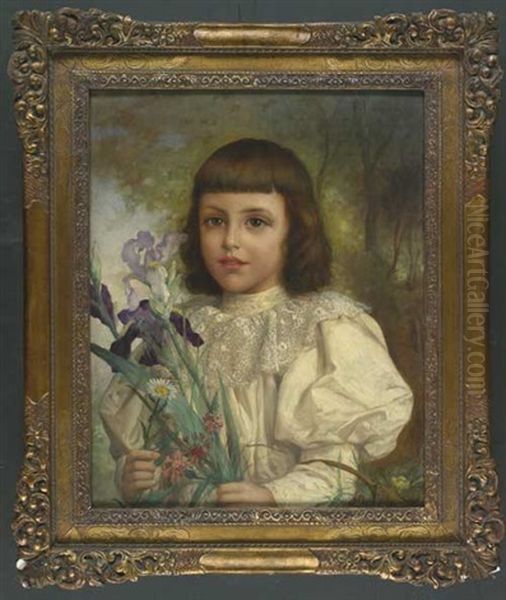 Dunkelhaariges Madchen In Weiser Bluse Mit Spitzenkragen Mit Blumenkorb Und Schwertlilien, Margerite, Wiesenflockenblumen Unter Anderem Wiesenblumen In Den Handen. Halfigur - view 1