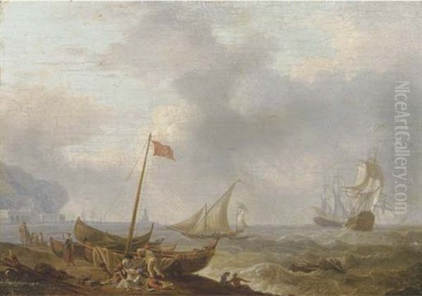 A Mediterranean Coastal Scene With Sailing Boats And Fishermen On The Beach, Two Three-masters In Rough Waters And A Harbour Beyond - view 1
