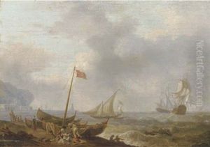 A Mediterranean Coastal Scene With Sailing Boats And Fishermen On The Beach, Two Three-masters In Rough Waters And A Harbour Beyond by Olivier Lemay