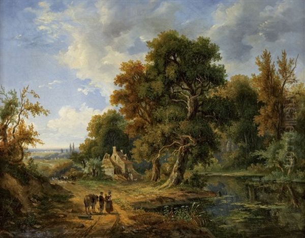 Bewaldete Landschaft Mit See Und Staffagefiguren - view 1