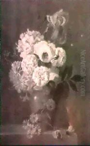 Roses, Blue Iris, Rhododendroncornflowers And Other Flowers In A Jar On A Ledge