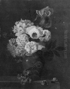 A Still Life With Roses And Other Summer Flowers In An Earthenware Vase On A Stone Ledge by Elisa-Emilie Lemire