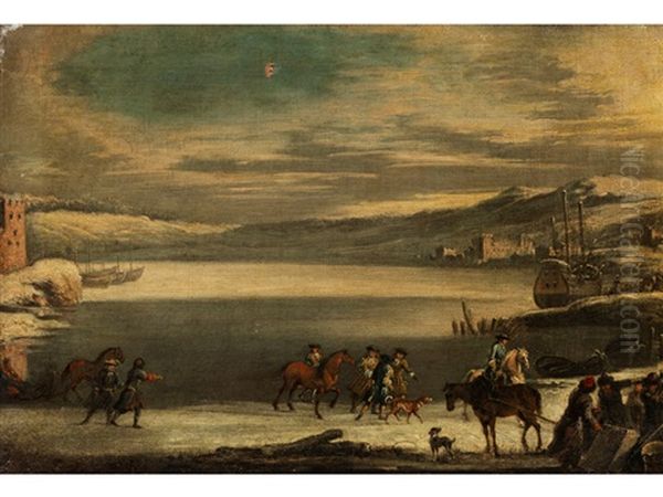 Winterliche Uferlandschaft Mit Ziehenden Reitern - view 1