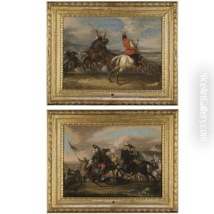 A Cavalry Battle Between Turks And Christians, A Christian Officer Shooting A Pistol (+ A Cavalry Battle Between Turks And Christians, A Turk Raising His Spear; Pair) by Johann Philipp Lemke