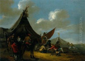 Zeltlager Mit Rastenden Und Karten Spielenden Soldaten by Johann Philipp Lemke