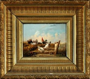 Huhner An Der Gartenmauer by Theophile Victor Emile Lemmens