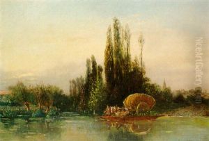 La Charrette De Foins Au Passage Du Bac by Theophile Victor Emile Lemmens