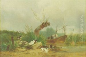 Ducks Wading By A Stream by Theophile Victor Emile Lemmens