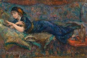 La Dame En Bleu Admirant Sa Bague by Georges (Ferdinand) Lemmers