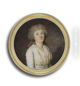 A Young Lady, In White Dress With Lace-bordered Fichu Tucked Into White Sash, Long Powdered Curling Hair by Jacques Antoine Marie Lemoine