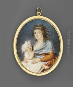 A Mother, Seated Holding Her Child On Her Lap - The Mother In Ochre Coloured Dress Revealing Her Right Breast by Jacques Antoine Marie Lemoine