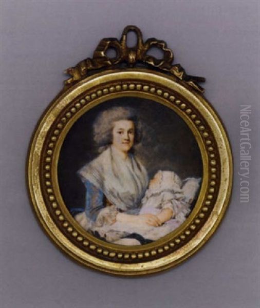 A Mother With Her Child At Her Breast In Orange Dress, White Fichu Scarf, Upswept Powdered Hair, The Child Wears White Dress With Pink Sash, White Bonnet - view 1