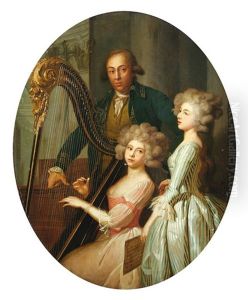 Group Portrait With A Lady Playing The Harp, Another Singing, And A Gentleman, Probably The Instructor, In An Architectural Interior