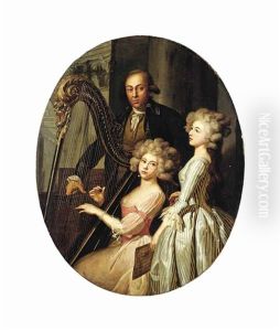 Group Portrait With A Lady Playing The Harp, Another Singing, And A Gentleman, Probably The Instructor, In An Architectural Interior