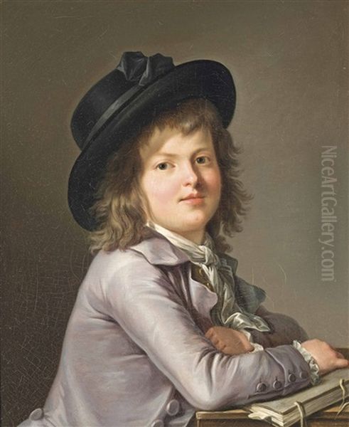 Portrait Of A Young Boy, Half-length, In A Grey Jacket And A Black Hat, At A Table With A Book - view 1
