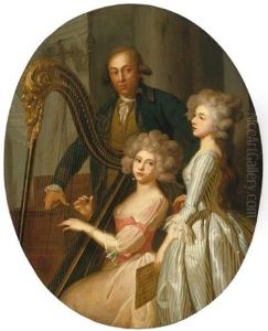 A Group Portrait With A Young Woman Playing The Harp, Another Young Woman Singing, And A Gentleman, Possibly Their Music Instructor, Standing Behind