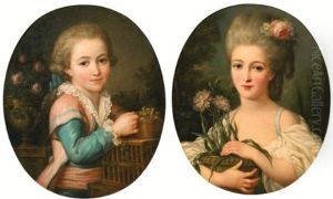 Portrait Of A Young Girl Holding A Flower Pot; Portrait Of A Young Boy Feeding Two Birds (2 Works)
