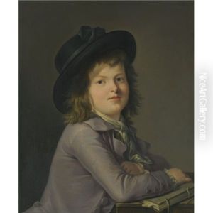 Portrait Of A Young Boy, Seated At A Desk Holding A Book