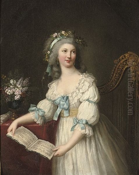 Portrait Of Marie-francoise Dumesnil (1713-1803), Three-quarter-length, In A White Dress With Blue Ribbons And A Yellow Sash, Flowers In Her Hair, A Musical Score In Her Hands, - view 1