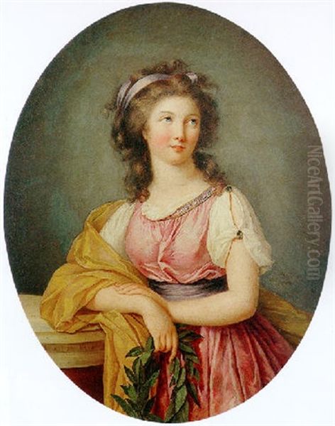 Portrait Of A Girl In Neoclassical Dress At A Column Holding A Laurel Wreath - view 1