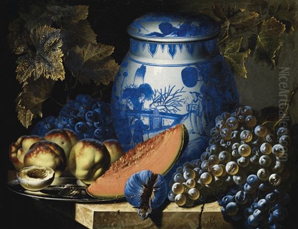 Nature Morte Aux Raisins, Plat De Peches Et Potiche Chinoise Sur Un Entablement En Pierre - view 1