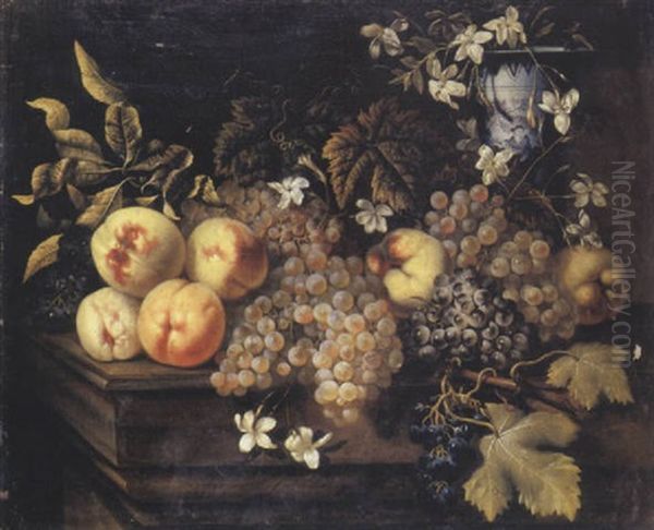 Fruits Sur Un Entablement Avec Un Vase De Delft A Decor Chinois - view 1