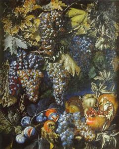 Grappes De Raisins, Figues Et Grenades Sur Un Entablement