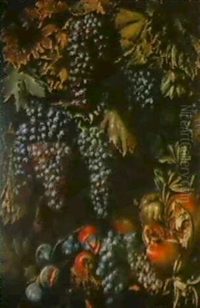 Grappes De Raisins, Figues Et Grenades Sur Un Entablement - view 1